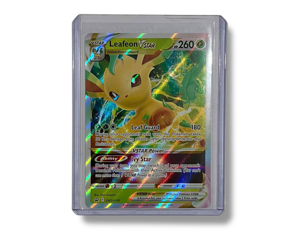 Leafeon V illustration card, Pokemon TCG, green and yellow artwork, holographic details.