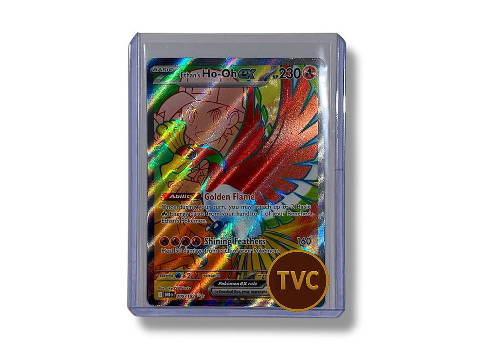 Holographic Pokémon card Ho-Oh in a protective case, TVC logo visible.
