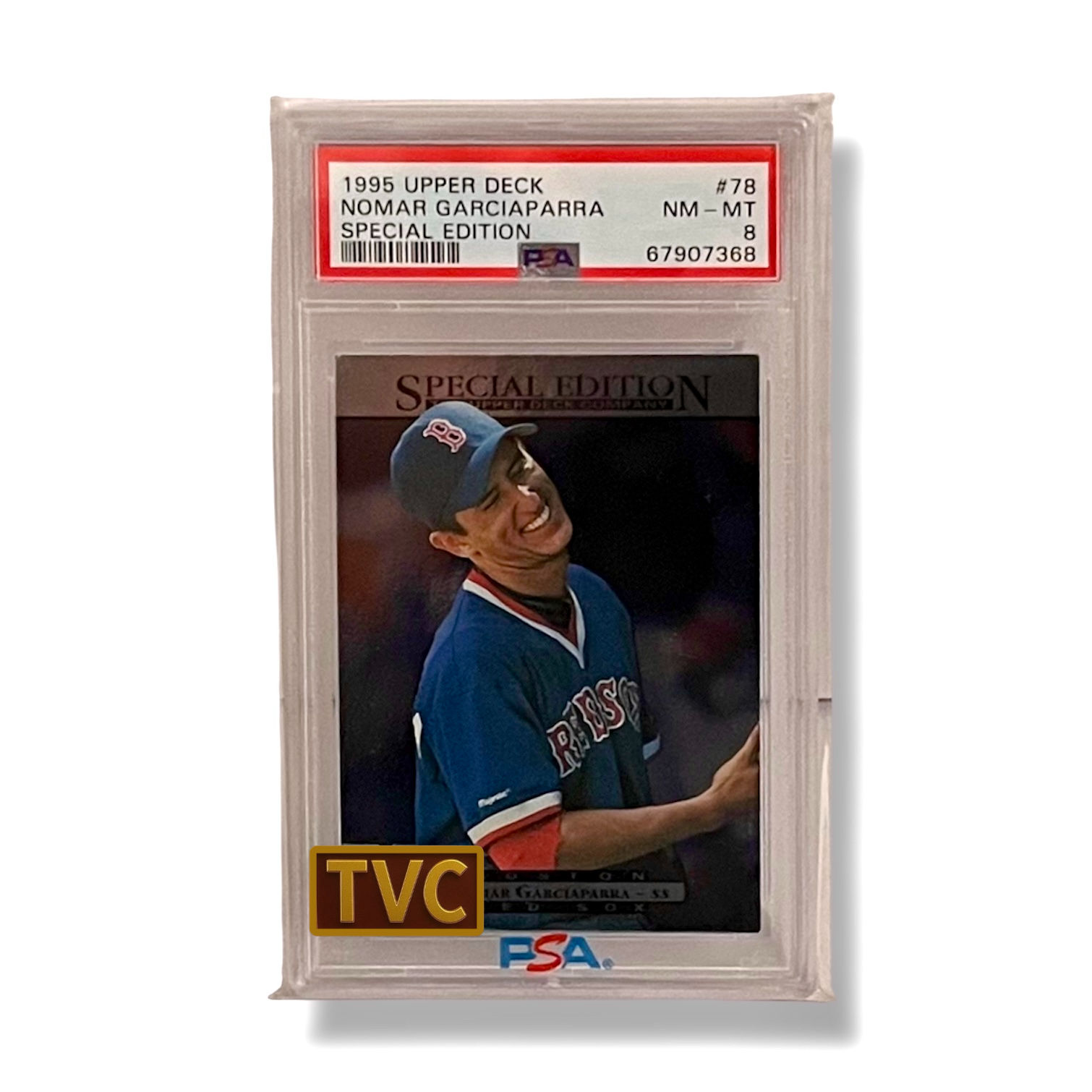 1998 Upper Deck baseball card of Juan Gonzalez in protective grading case.