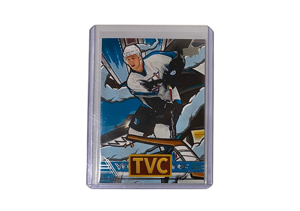 Hockey card with player, TVC logo, and protective sleeve on white background.