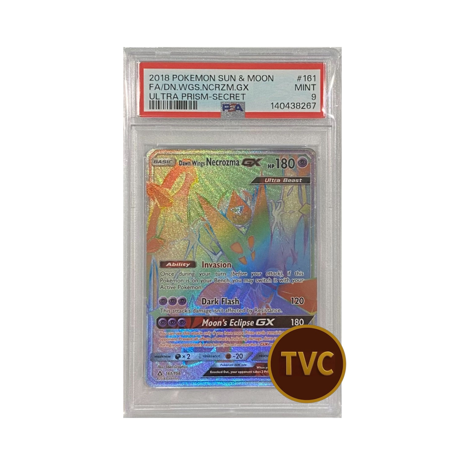 2018 Pokémon #161 Dawn Wings Necrozma GX (Rainbow) - Graded Card PSA 9
