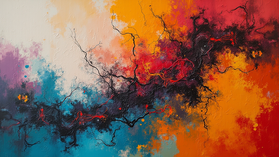 Eye-level view of a vibrant abstract painting with bold colors and intricate patterns