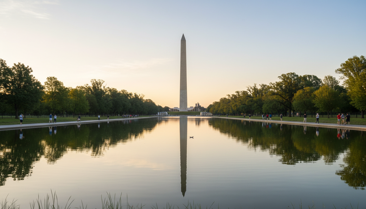 Wide-angle view of the Washington Monument across the Reflecting Pool at sunrise.