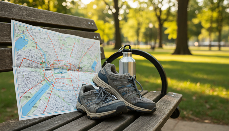Close-up view of comfortable walking shoes beside a folded city map near a park bench.