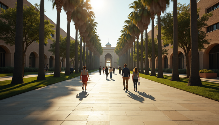 High angle view of the ASU Palm Walk lined with palm trees and students walking