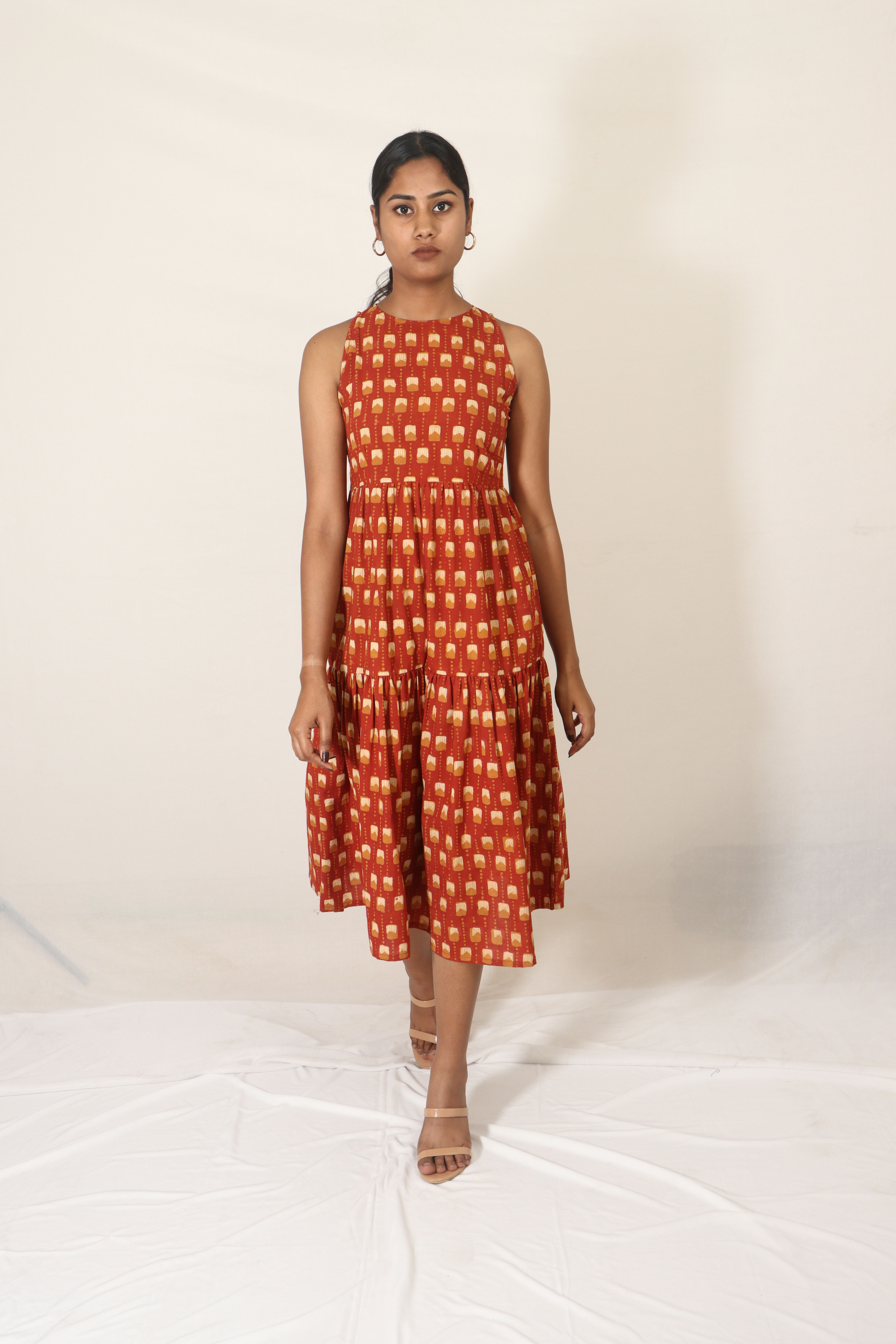 Deep Red Hand Block Midi Dress front