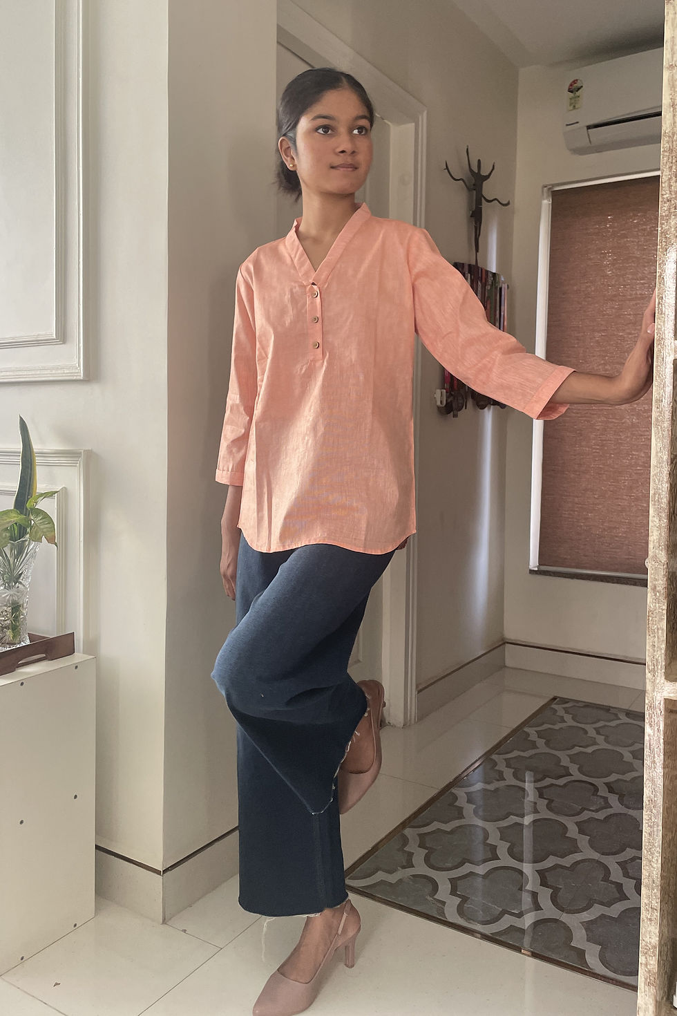 Pastel Peach Handloom Short Kurta Front