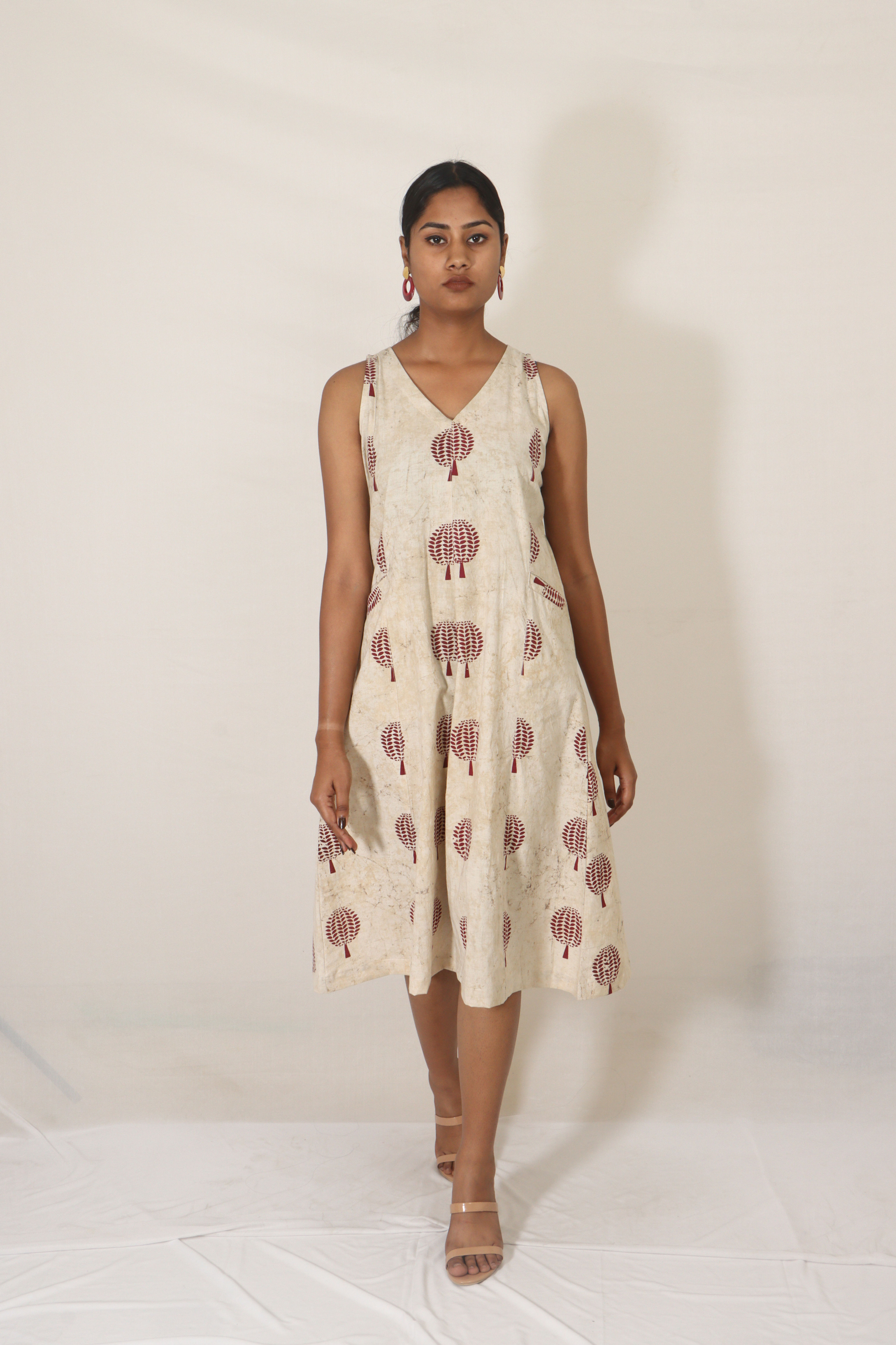 Beige Bliss Dabu Print Cotton Dress front