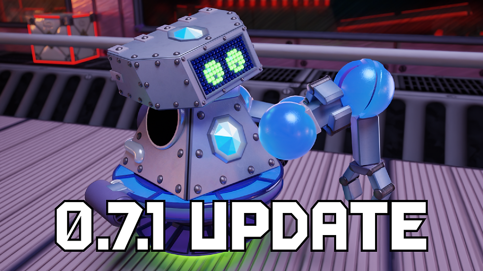 Gear Guy holding his broken arm, under it is the text "0.7.1 Update" as the cover image for the latest game drop.
