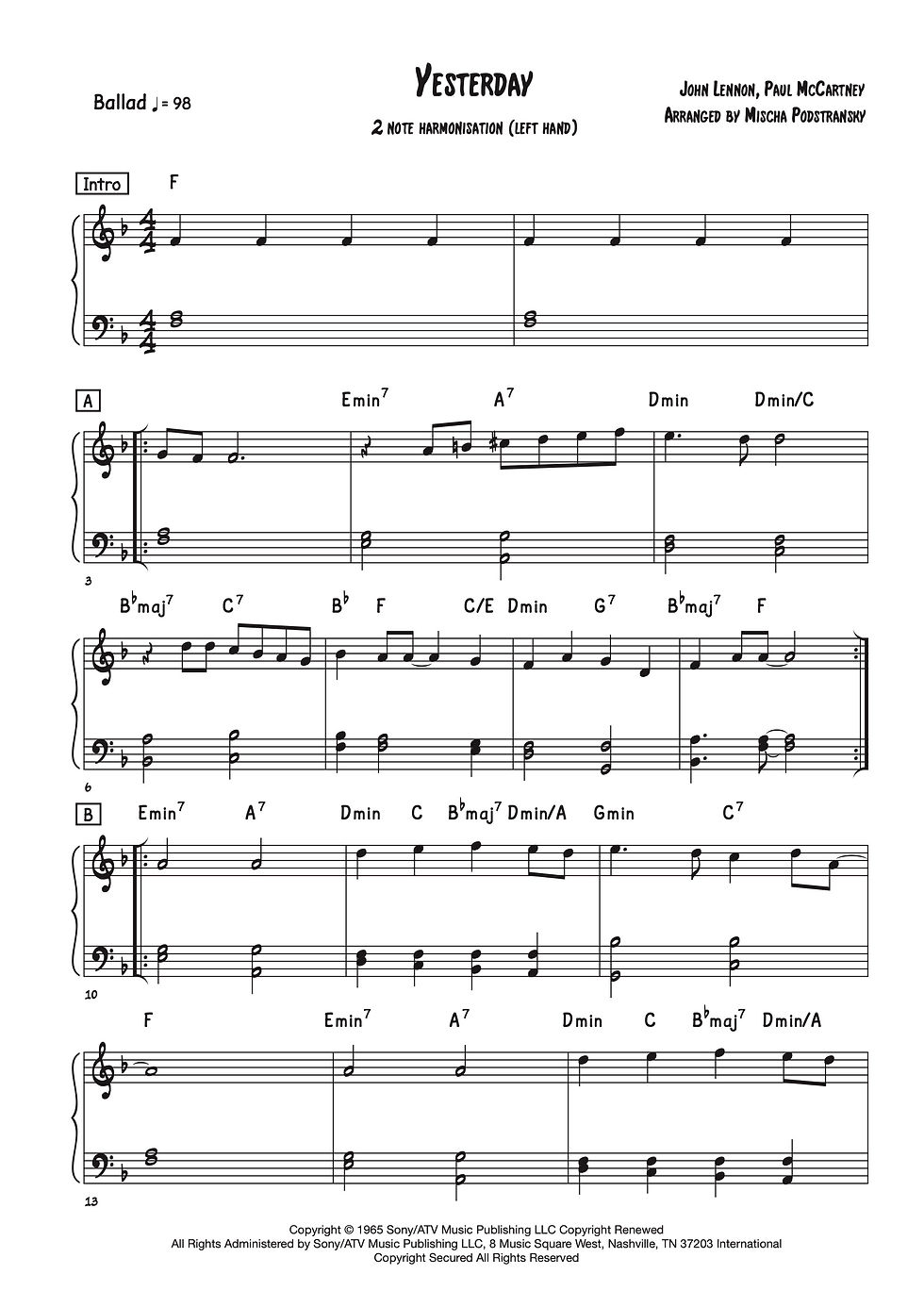 Yesterday (2 note harmonisation) - Easy Piano