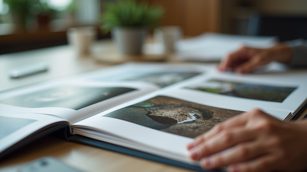 Eye-level view of a portfolio folder with creative work samples