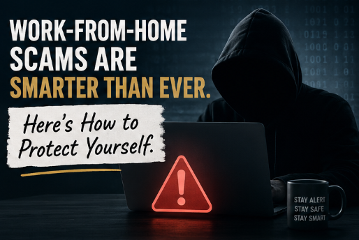 Job seeker reviewing a suspicious work-from-home job offer on a laptop while identifying common scam warning signs.