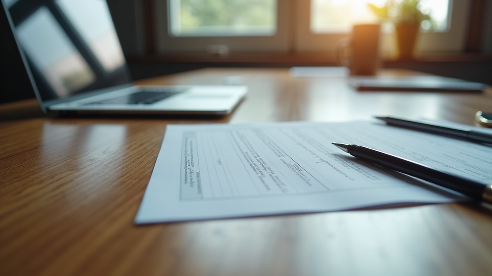 Eye-level view of a neatly organized desk with a laptop and job application documents