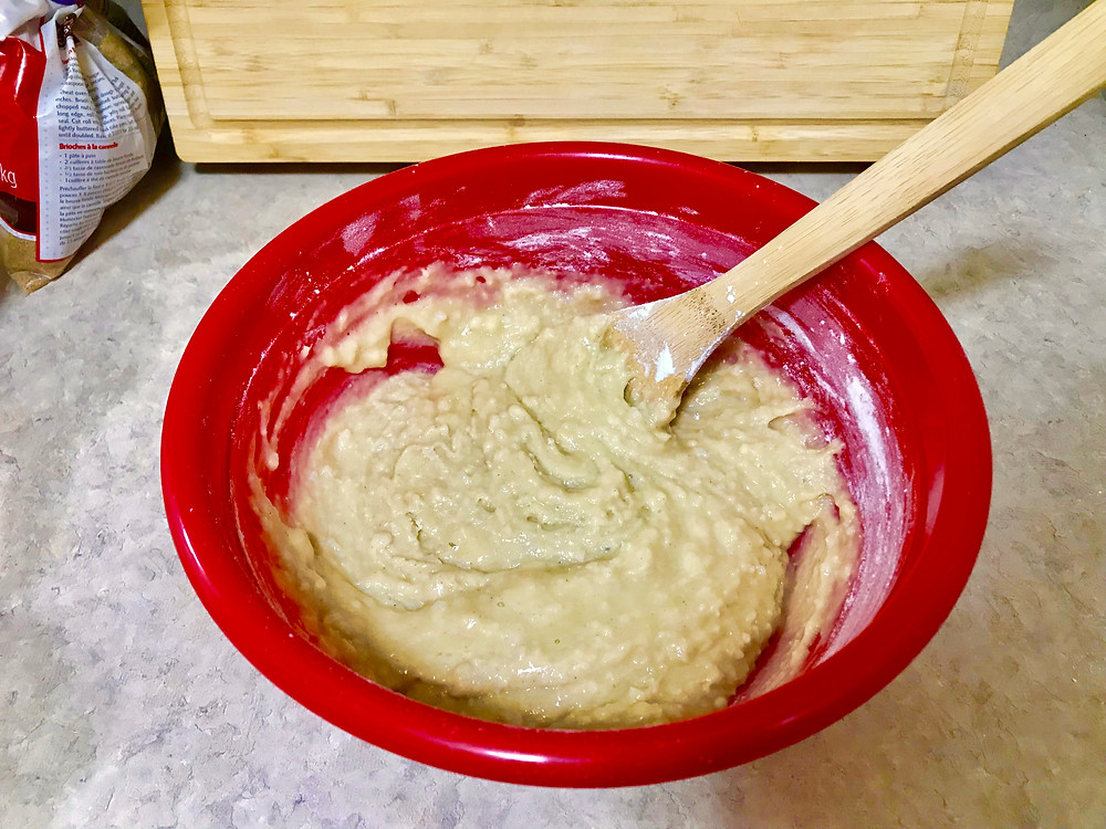 Stir dry mixture into wet ingredients until just mixed.