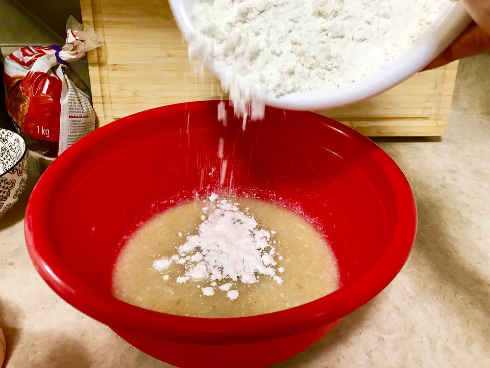 Stir dry mixture into wet ingredients until just mixed.