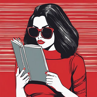 curvy woman dark straight hair, glasses, red dress, hiding face behind book.jpg