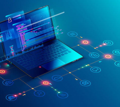Futuristic laptop showing code, integrating with a glowing data network.