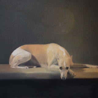 Oil painting of a golden and white whippet on gold cushioned bench with a Japanese screen behind displays a moon and blossom