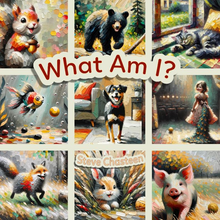 Book cover of What Am I? Grid of colorful animals in an oil painting style