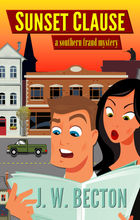 Book Cover of Sunset Clause: Vector art of small town with couple reading a newspaper in the foreground