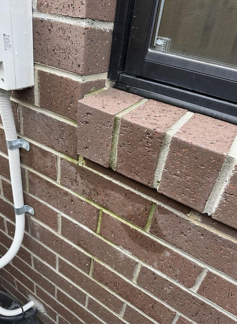 Close-up of attractive brown brickwork around windows with fresh white mortar joints, showcasing quality brick restoration