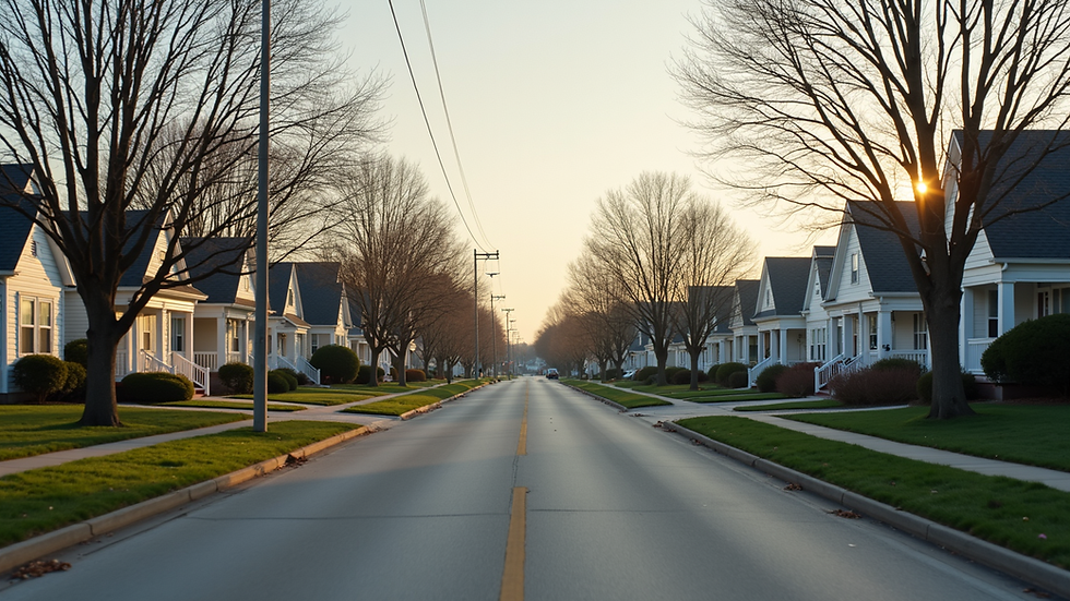 Eye-level view of a quiet residential street with single-family homes in Ohio