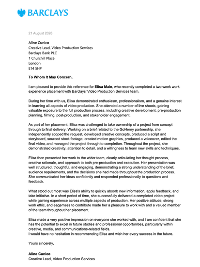 Barclays Reference Letter