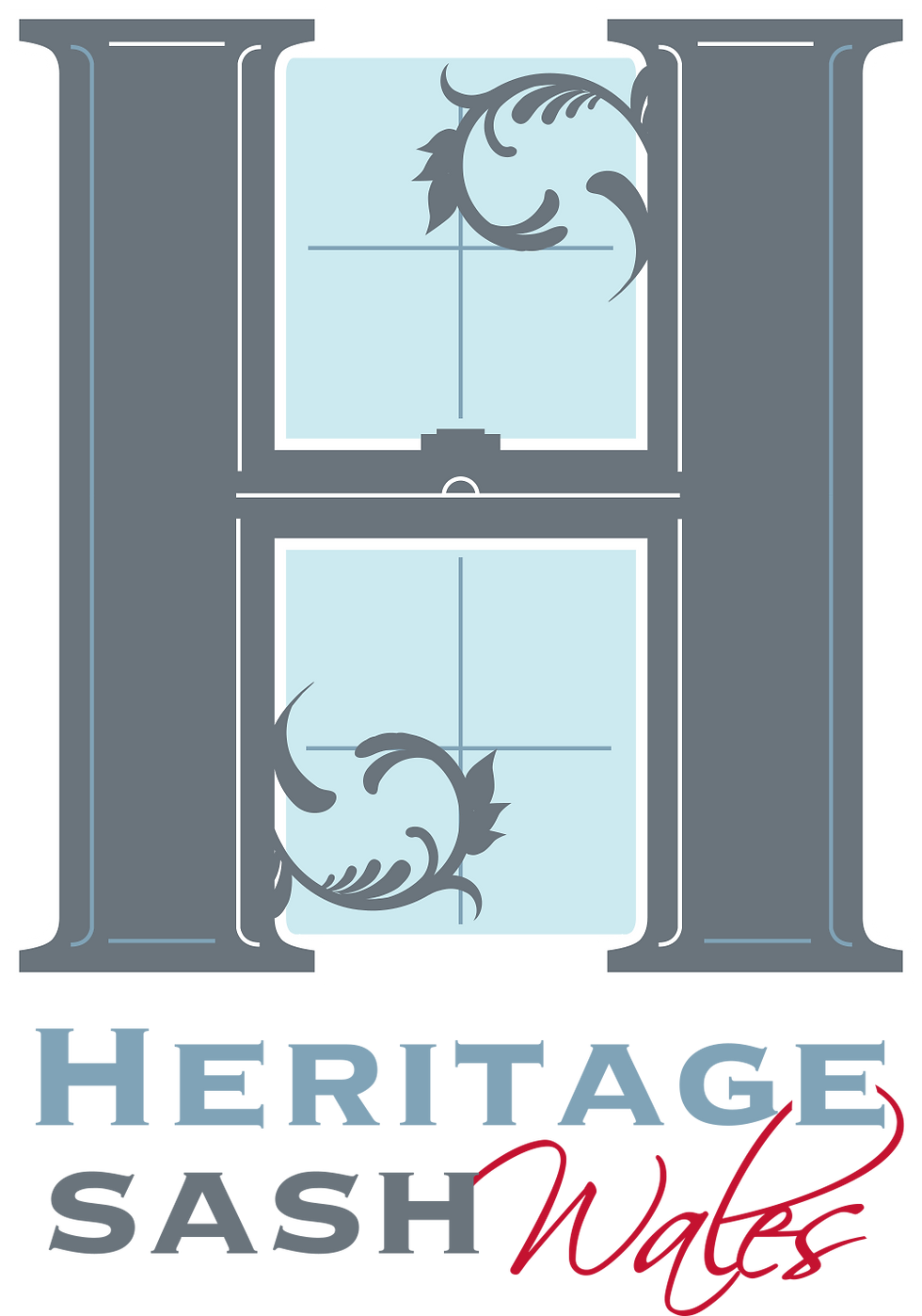 Logo for "Heritage Sash Wales" featuring a large, stylized capital letter "H" designed to resemble a sash window with decorative flourishes. Inside the "H," two light blue window panes are shown with grey scrollwork in the corners. Below the window graphic, the words "HERITAGE SASH" appear in bold uppercase serif font, with "HERITAGE" in light blue and "SASH" in black. The word "Wales" is written in a flowing, red handwritten script underneath.