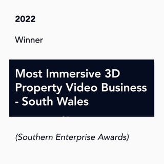 2022 award image naming the winner of “Most Immersive 3D Property Video Business – South Wales.” Bold white text appears against a dark background, with “Winner” and the year above, and “Southern Enterprise Awards” cited beneath in italic font.