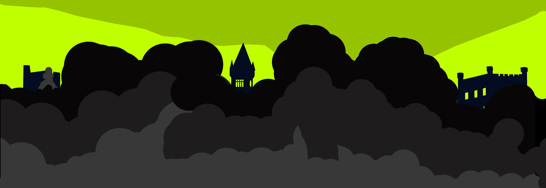 Stylized landscape illustration featuring a bright green mountain rising against a black sky, with layers of dark silhouetted trees in the foreground. Nestled among the treetops are the outlines of a church spire and historic buildings, creating the impression of a small town tucked beneath the hillside. The bold contrast of vivid greens and deep blacks gives the scene a dramatic, modern graphic-design aesthetic.