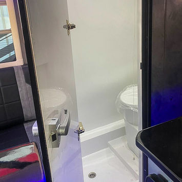 View into the camper van’s small bathroom with an open door, revealing a white toilet, integrated shower tray, and a sleek chrome latch on the interior panel.