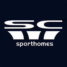 The logo of "SC sporthomes" is featured against a deep navy background. It consists of stylized uppercase letters "SC" in white, with the "S" and the "C" partially merged. Underneath the "SC," the word "sporthomes" is written in smaller white lowercase letters, serving as a descriptor. The font is modern and bold, conveying a sense of strength and professionalism.