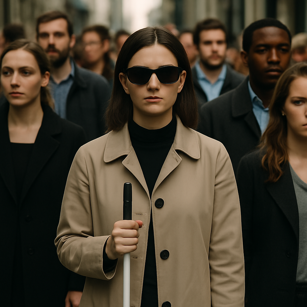 A blind woman wearing dark sunglasses and a beige trench coat stands in the center of a crowded city street, holding a white cane. She is sharply in focus while the people around her are blurred, emphasizing her presence and isolation within the busy crowd. The background figures fade softly, creating a sense of contrast between her clarity and the indistinct movement of the sighted world around her.