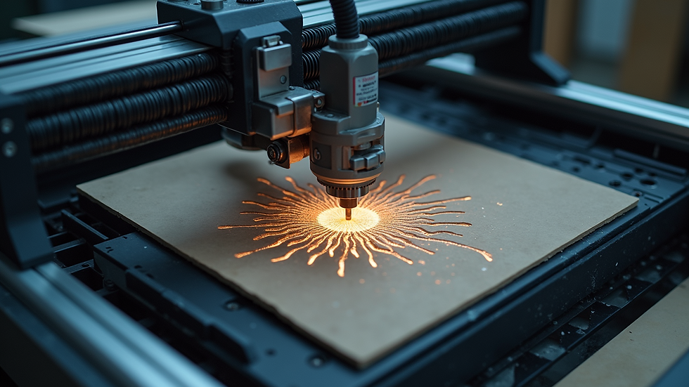 High angle view of laser cutting workshop with machines and materials