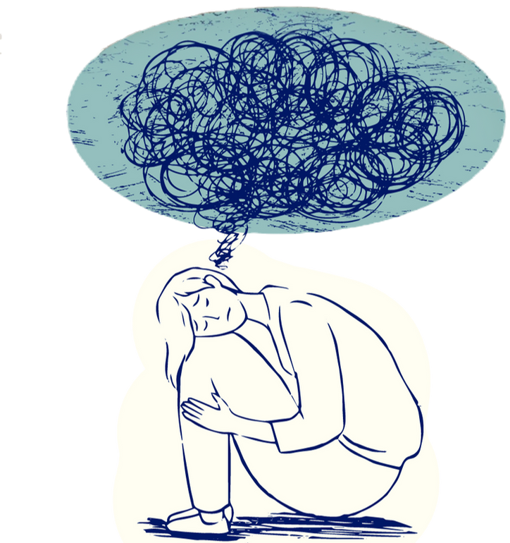 Illustration of a person sitting with their arms around their knees, a tangle of thoughts above their head