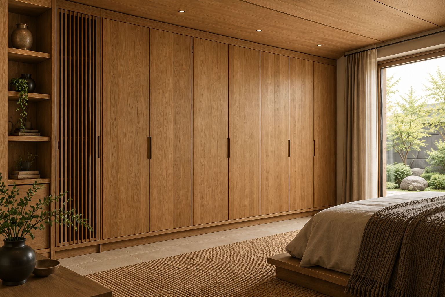 Full-height oak wardrobes in a bedroom