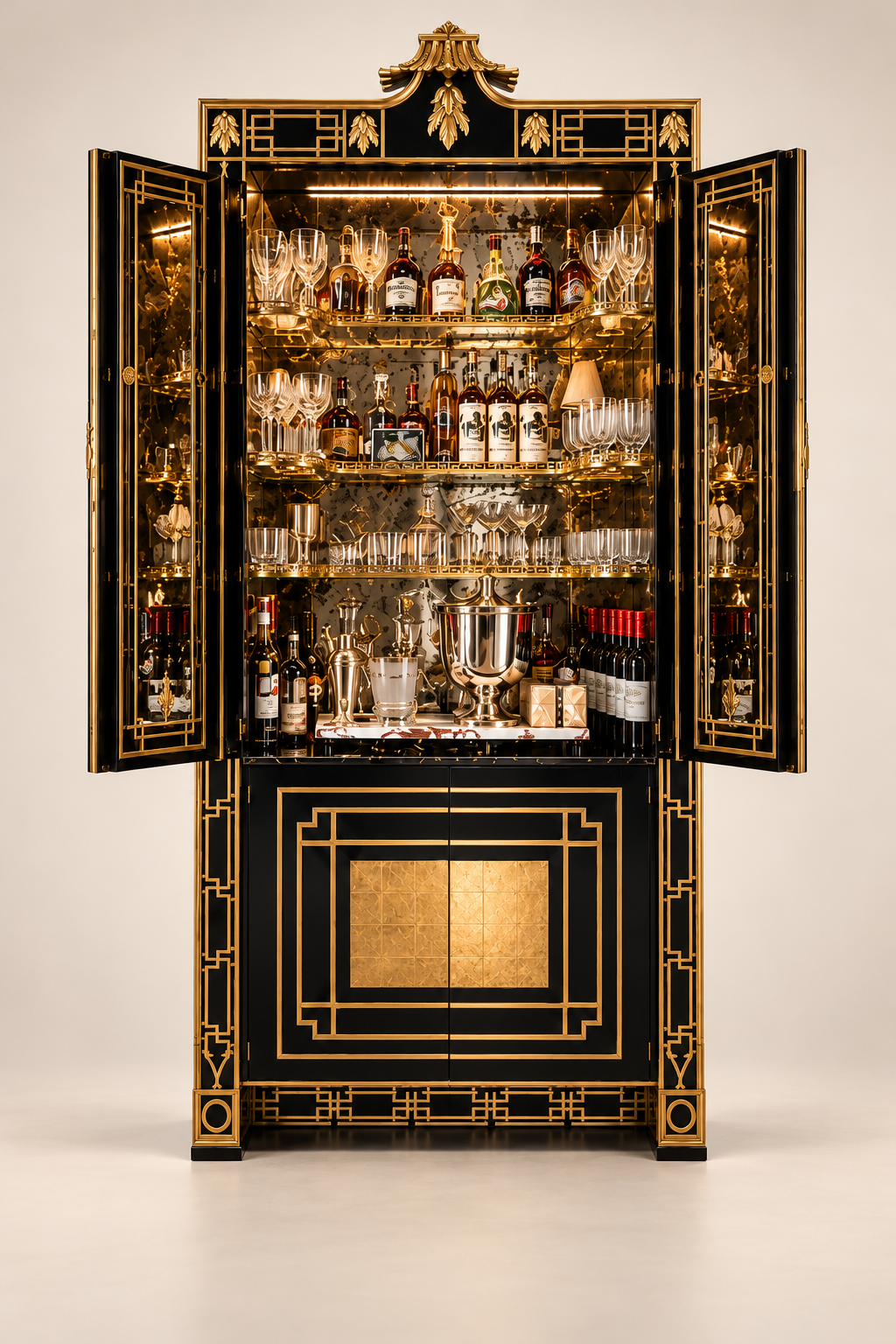 Cascais drinks cabinet open with glassware and bottles