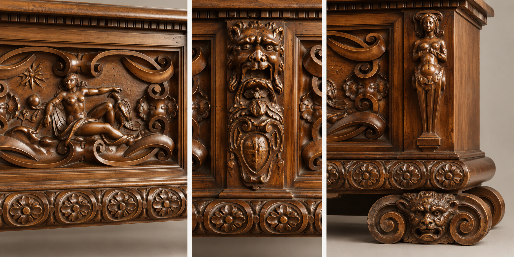Close-up carving of figures, masks, rosettes and scroll feet
