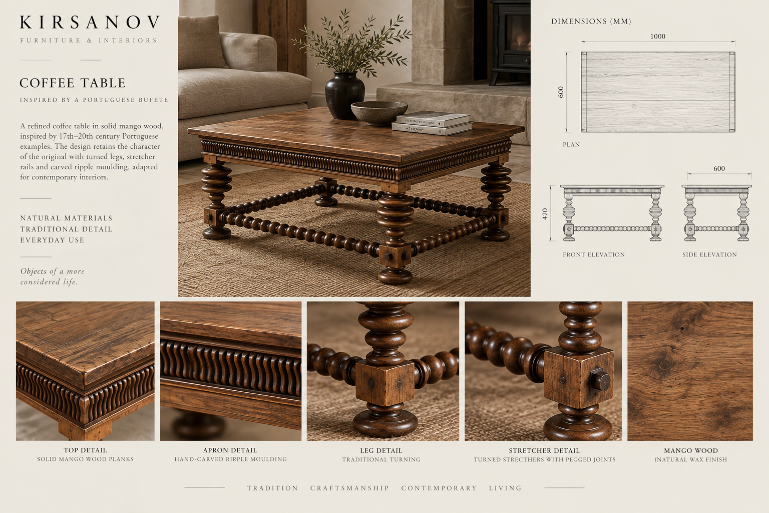 Evora Coffee Table specification and detail sheet