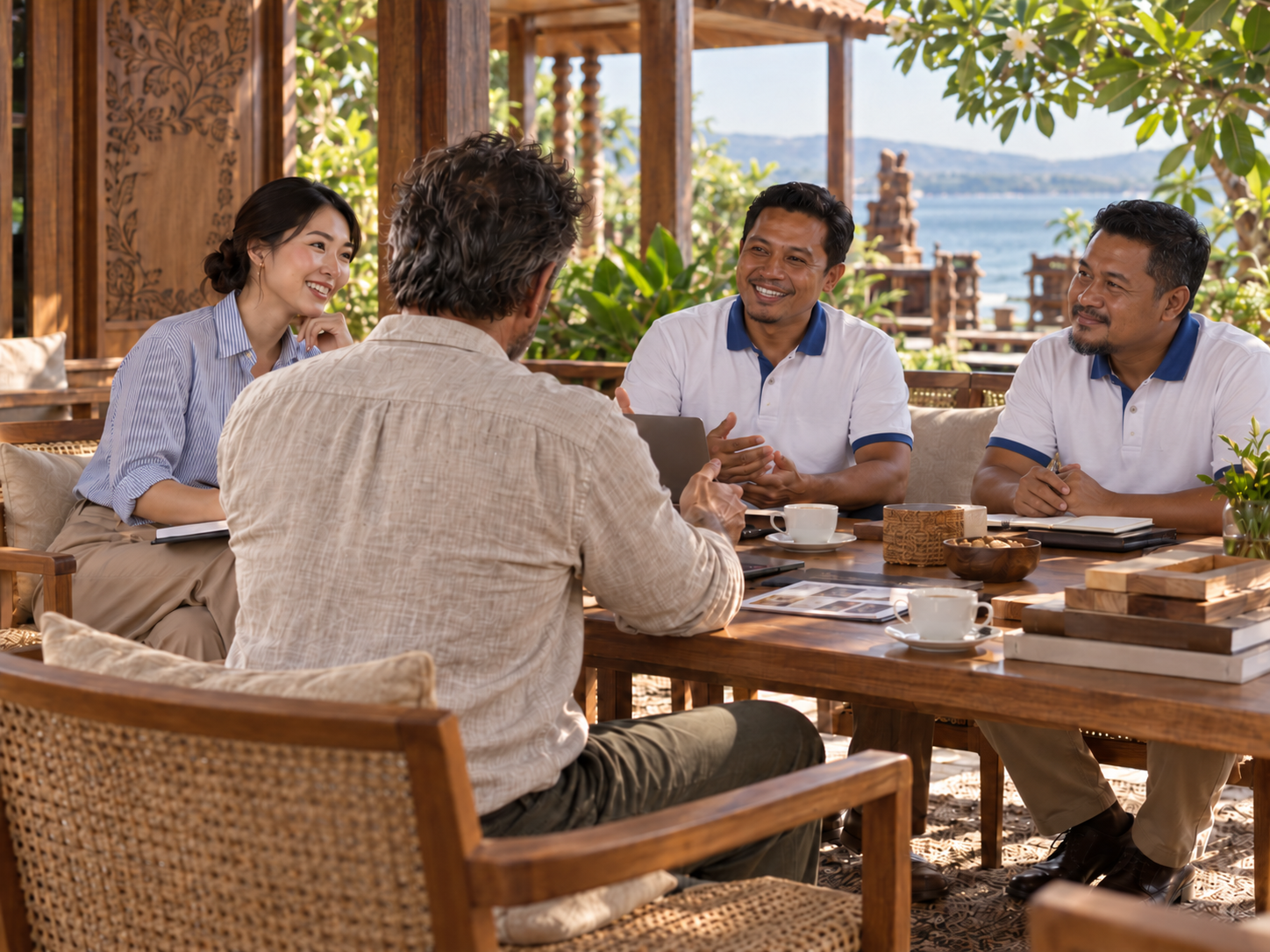 Furniture makers and KIRSANOV collaborators discussing designs and samples on a sunlit timber terrace