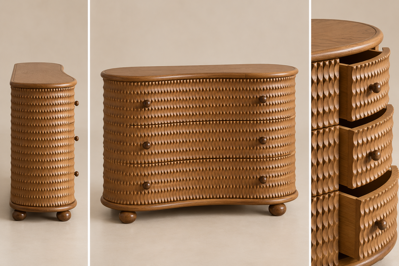Quinta Chest of Drawers, side, front and open drawer details