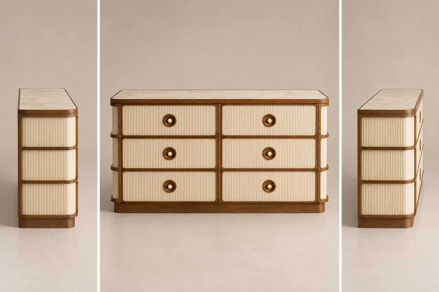 Mayfair Chest Of Drawers, front, side and three-quarter views