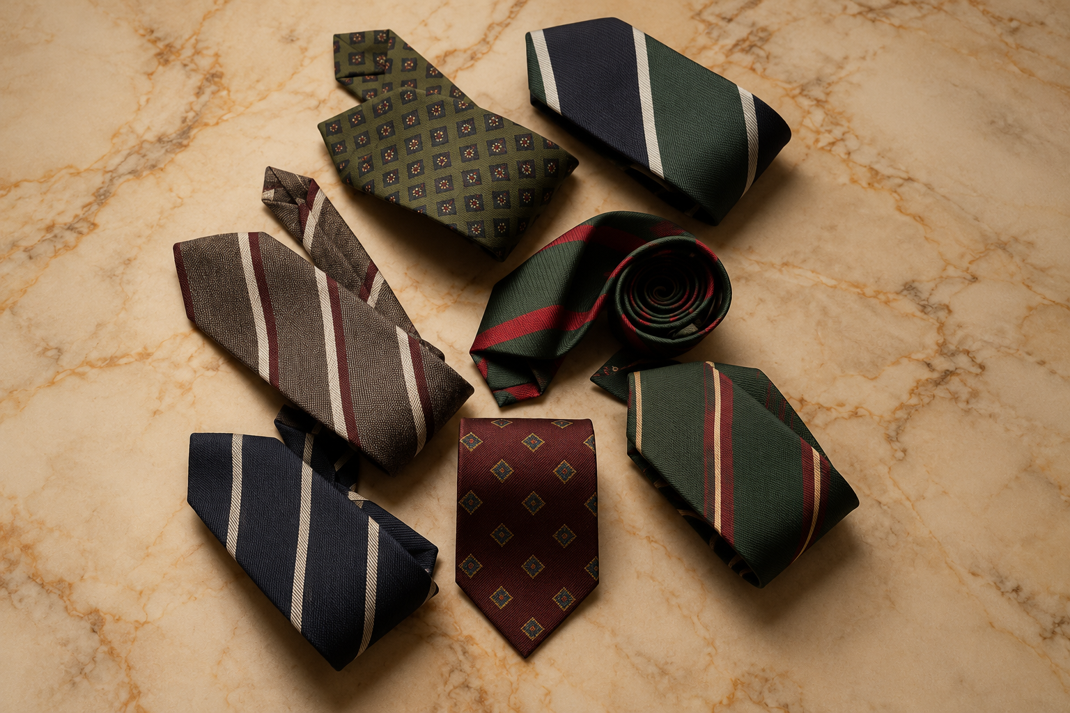 Six woven silk ties arranged on warm marble