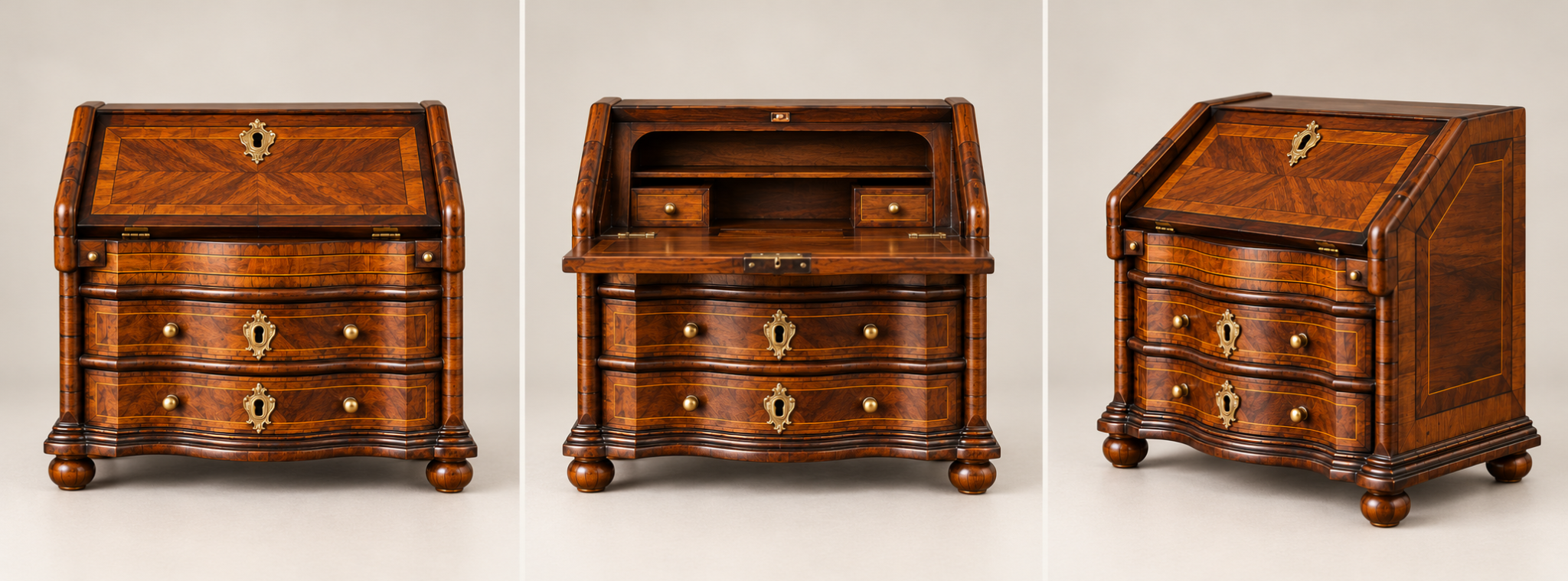 Dodrect miniature bureau shown from three angles and with the fall-front open