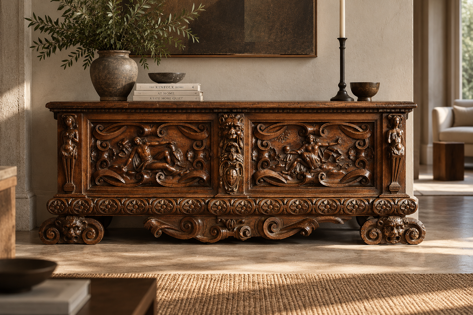 Florence Carved Cassone in a furnished architectural interior