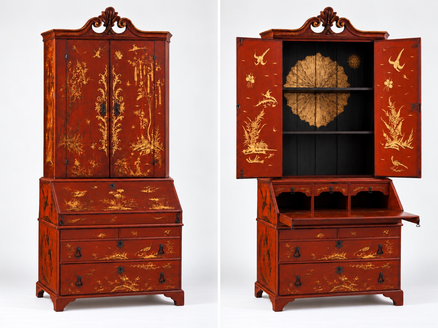 Cascais Chinoiserie Bureau Cabinet closed and open views
