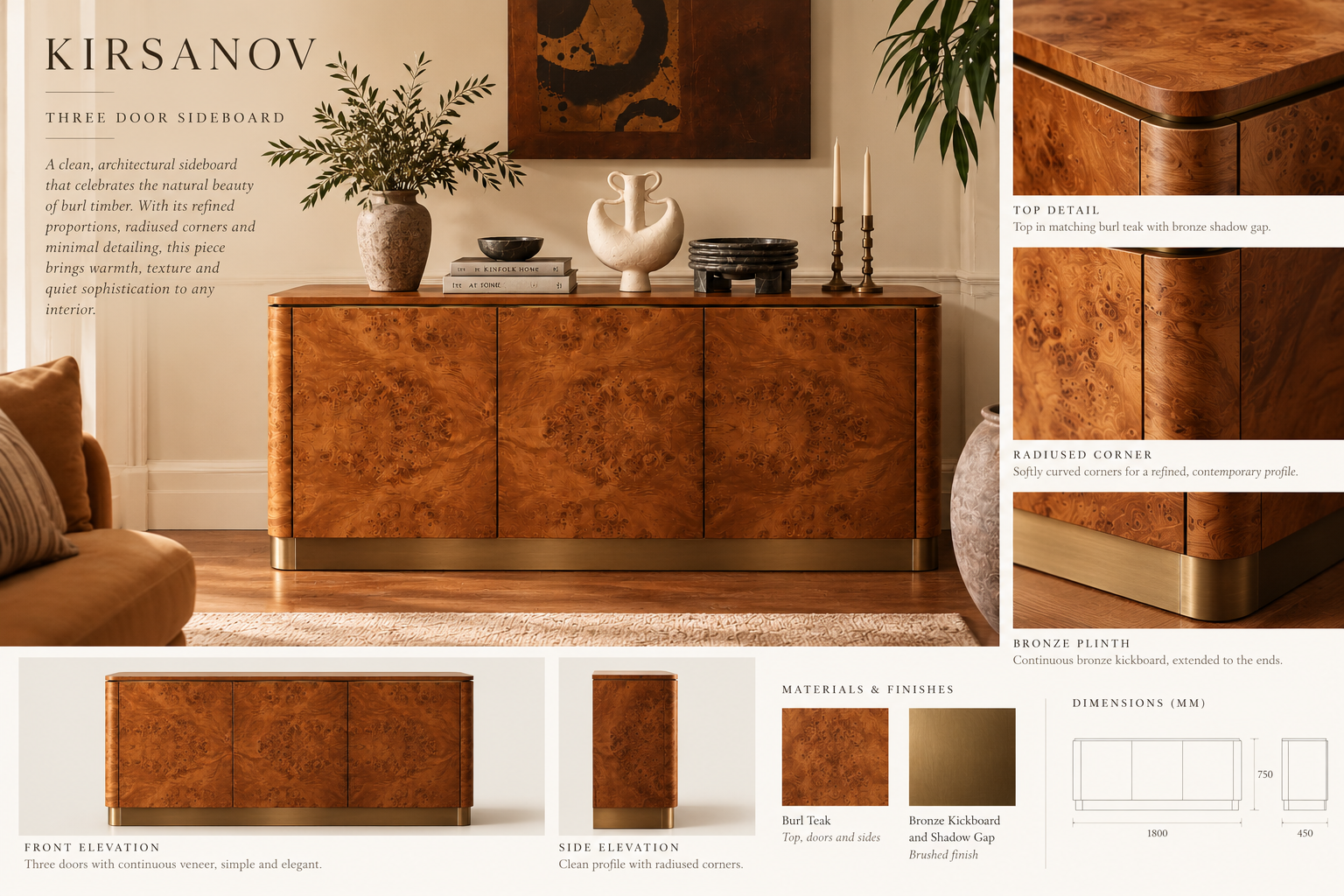 Burly sideboard design intent, dimensions and materials