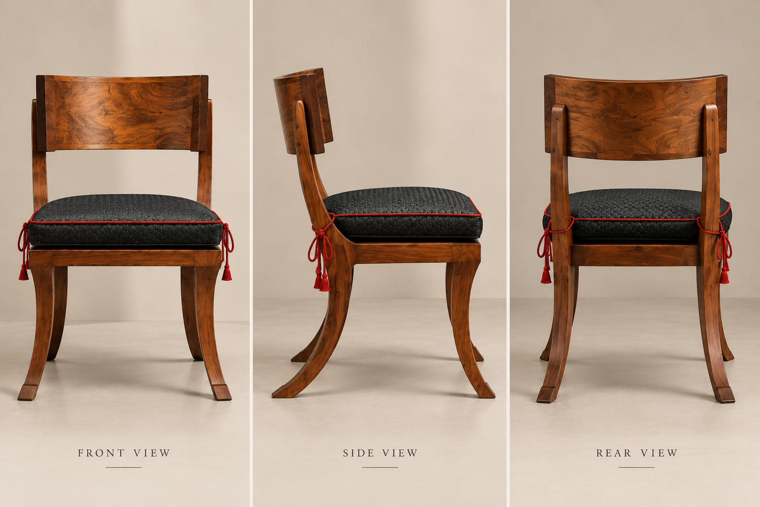 Klismos hall chair front, side and rear elevations