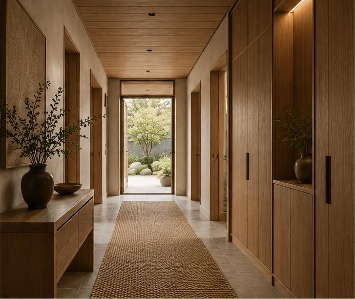 Warm timber fitted wardrobes and hallway storage