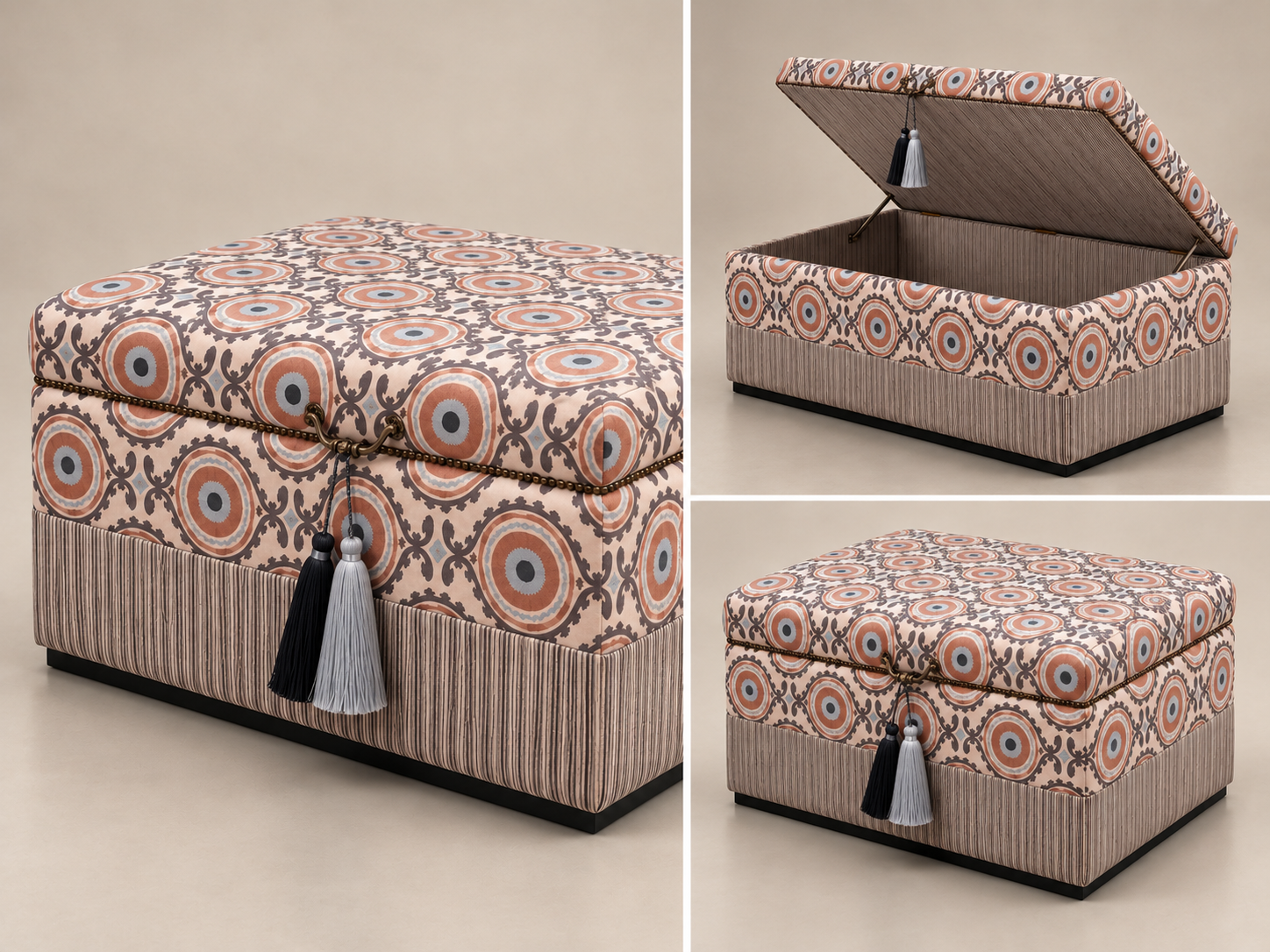 Cascais Medallion Storage Ottoman close-up of medallion textile, latch and tassel, and raised-lid storage compartment